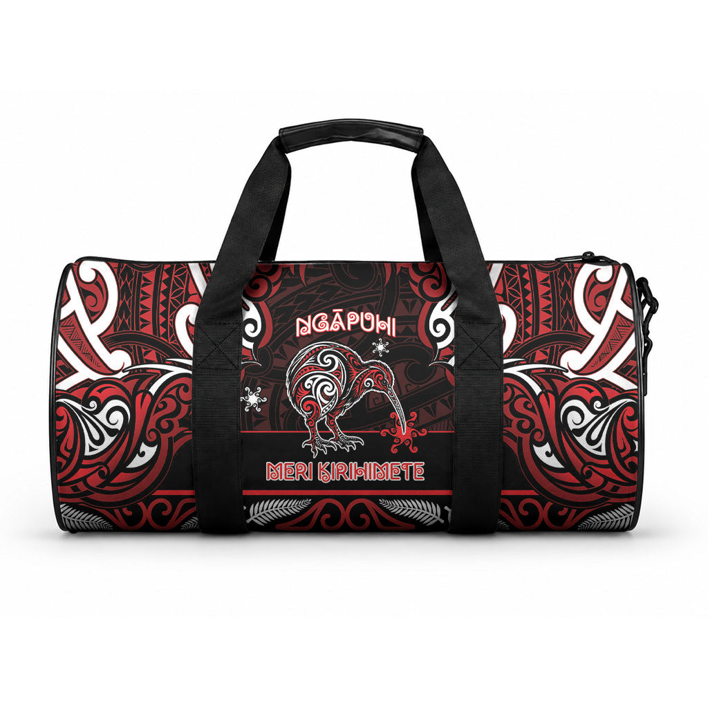 Ngapuhi Aotearoa Meri Kirihimete Duffle Bag Maori Kiwi Bird Silver Fern Koru Pattern DT05 One size Red - Polynesian Pride