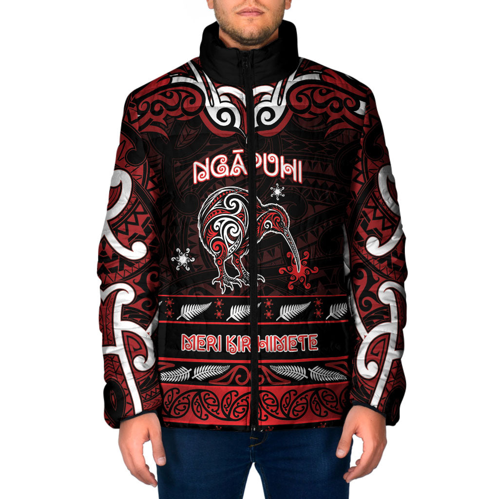Personalised Ngapuhi Aotearoa Meri Kirihimete Padded Jacket Maori Kiwi Bird Silver Fern Koru Pattern DT05 Men Red - Polynesian Pride