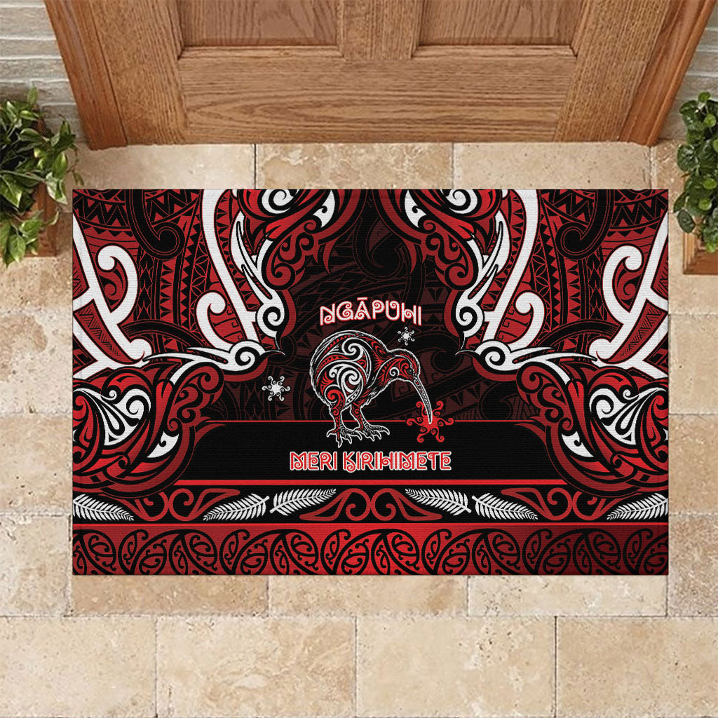 Ngapuhi Aotearoa Meri Kirihimete Rubber Doormat Maori Kiwi Bird Silver Fern Koru Pattern DT05 Red - Polynesian Pride