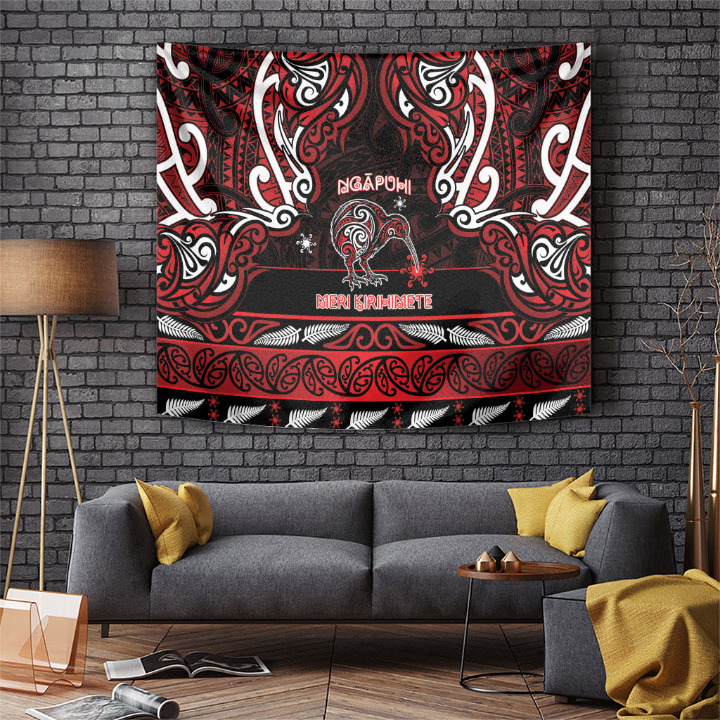 Ngapuhi Aotearoa Meri Kirihimete Tapestry Maori Kiwi Bird Silver Fern Koru Pattern DT05 Red - Polynesian Pride