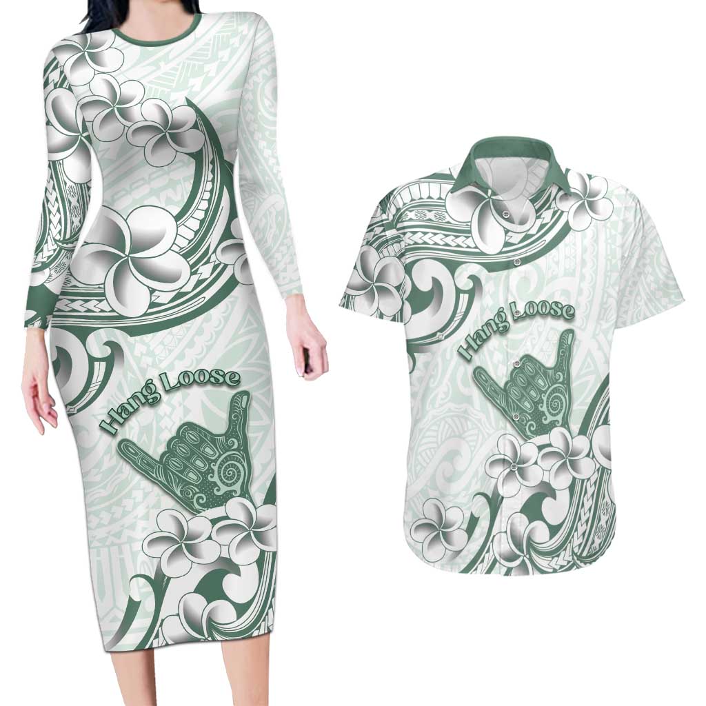 Aloha Hawaii Shaka Couples Matching Long Sleeve Bodycon Dress and Hawaiian Shirt Hang Loose Mint Version - Polynesian Pride