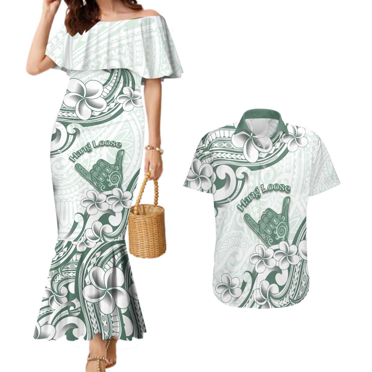Aloha Hawaii Shaka Couples Matching Mermaid Dress and Hawaiian Shirt Hang Loose Mint Version - Polynesian Pride