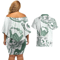 Aloha Hawaii Shaka Couples Matching Off Shoulder Short Dress and Hawaiian Shirt Hang Loose Mint Version - Polynesian Pride