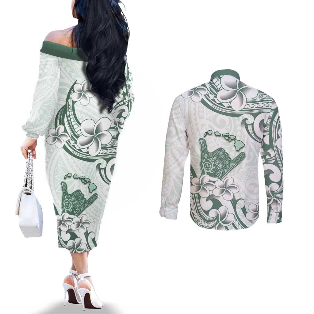 Aloha Hawaii Shaka Couples Matching Off The Shoulder Long Sleeve Dress and Long Sleeve Button Shirt Hang Loose Mint Version - Polynesian Pride
