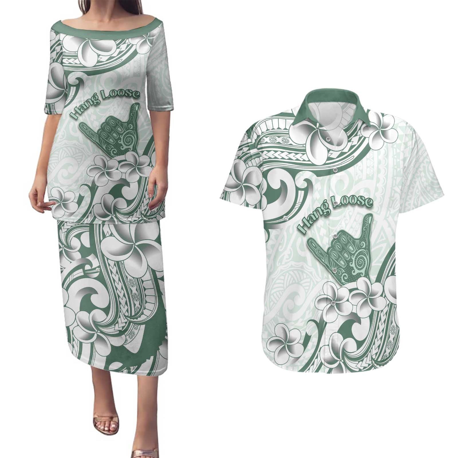 Aloha Hawaii Shaka Couples Matching Puletasi and Hawaiian Shirt Hang Loose Mint Version - Polynesian Pride