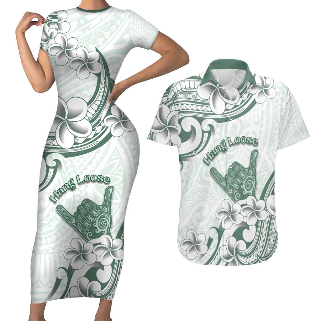 Aloha Hawaii Shaka Couples Matching Short Sleeve Bodycon Dress and Hawaiian Shirt Hang Loose Mint Version - Polynesian Pride