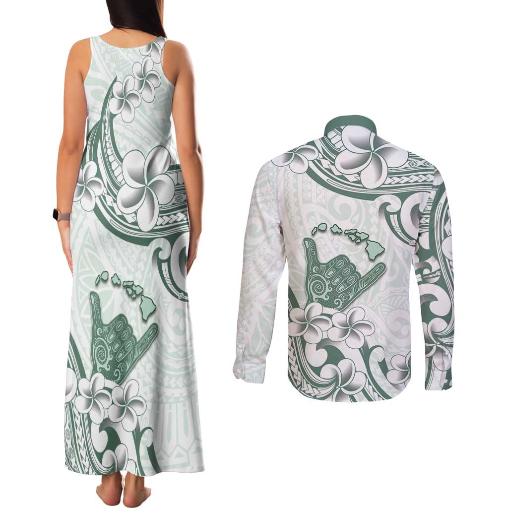 Aloha Hawaii Shaka Couples Matching Tank Maxi Dress and Long Sleeve Button Shirt Hang Loose Mint Version - Polynesian Pride