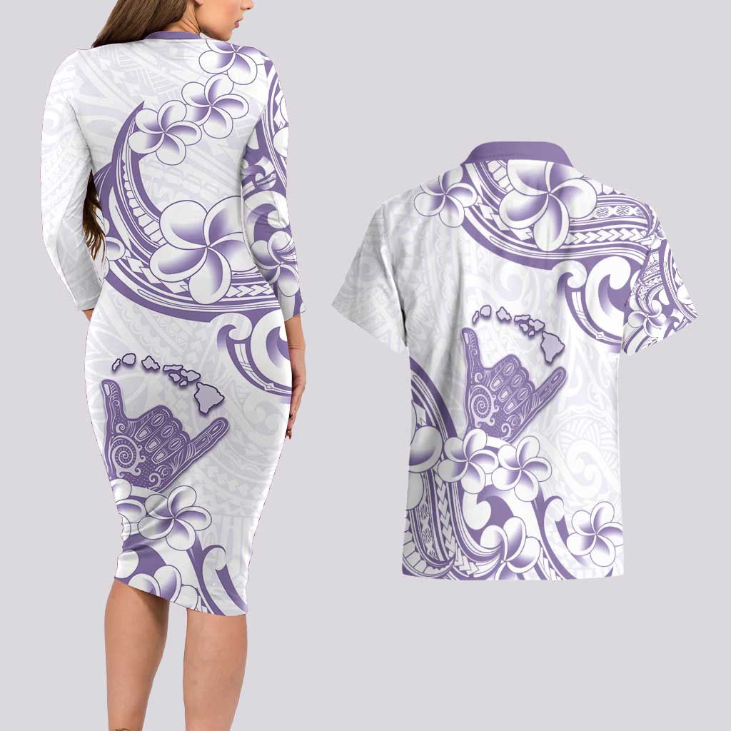 Aloha Hawaii Shaka Couples Matching Long Sleeve Bodycon Dress and Hawaiian Shirt Hang Loose Purple Version - Polynesian Pride