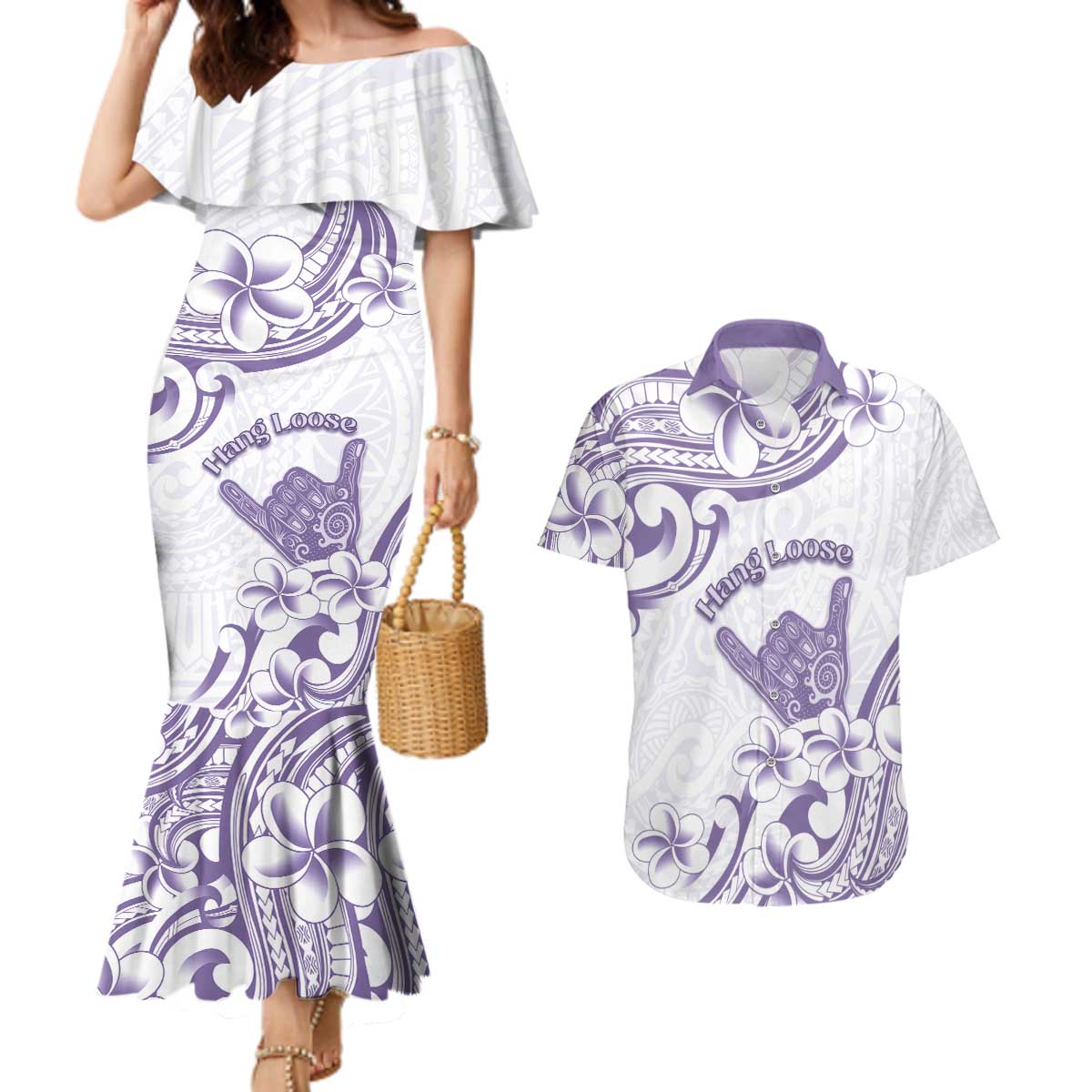 Aloha Hawaii Shaka Couples Matching Mermaid Dress and Hawaiian Shirt Hang Loose Purple Version - Polynesian Pride