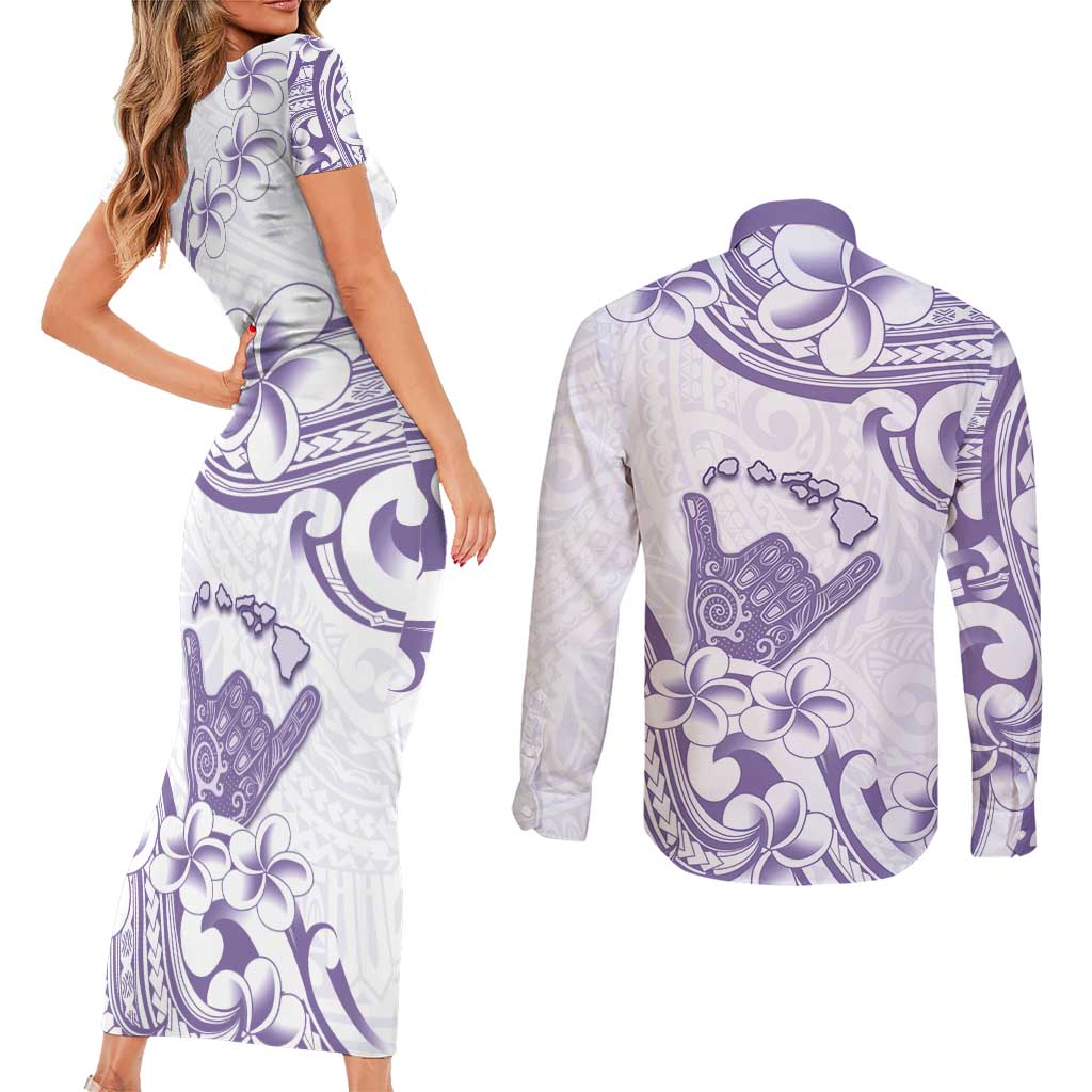Aloha Hawaii Shaka Couples Matching Short Sleeve Bodycon Dress and Long Sleeve Button Shirt Hang Loose Purple Version - Polynesian Pride