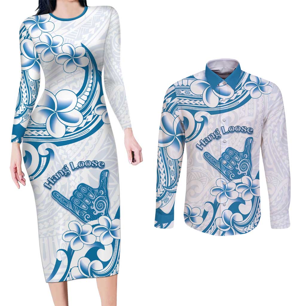 Aloha Hawaii Shaka Couples Matching Long Sleeve Bodycon Dress and Long Sleeve Button Shirt Hang Loose Blue Version - Polynesian Pride