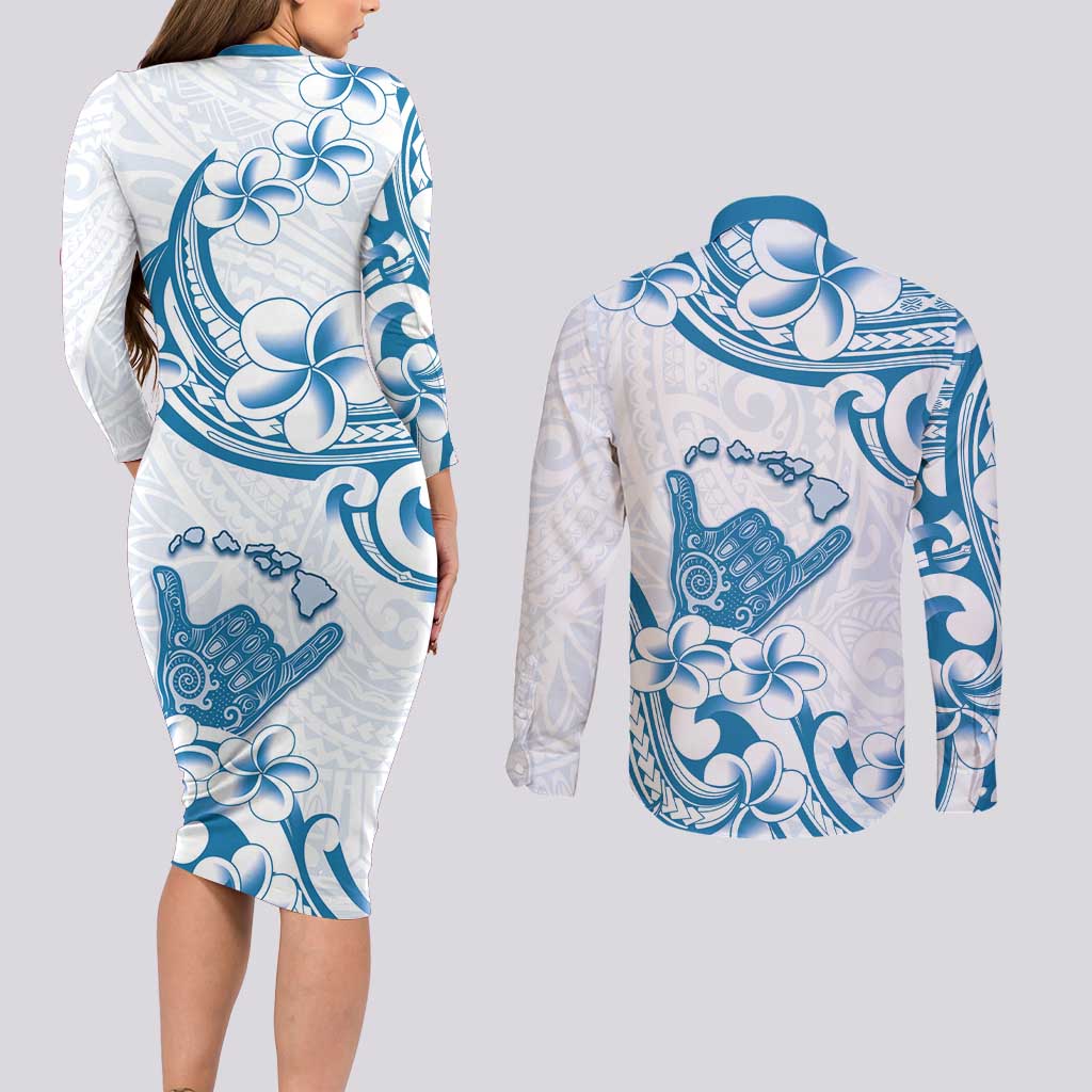 Aloha Hawaii Shaka Couples Matching Long Sleeve Bodycon Dress and Long Sleeve Button Shirt Hang Loose Blue Version - Polynesian Pride