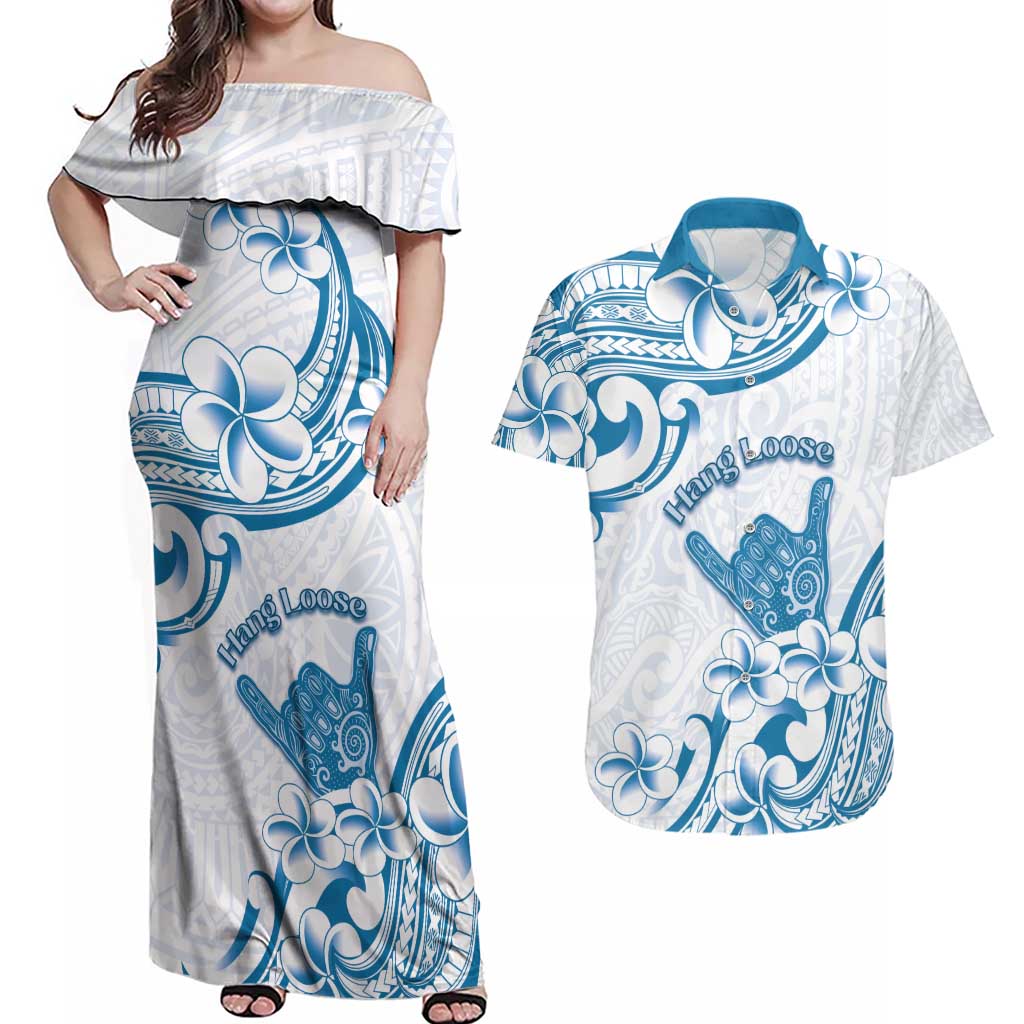 Aloha Hawaii Shaka Couples Matching Off Shoulder Maxi Dress and Hawaiian Shirt Hang Loose Blue Version - Polynesian Pride