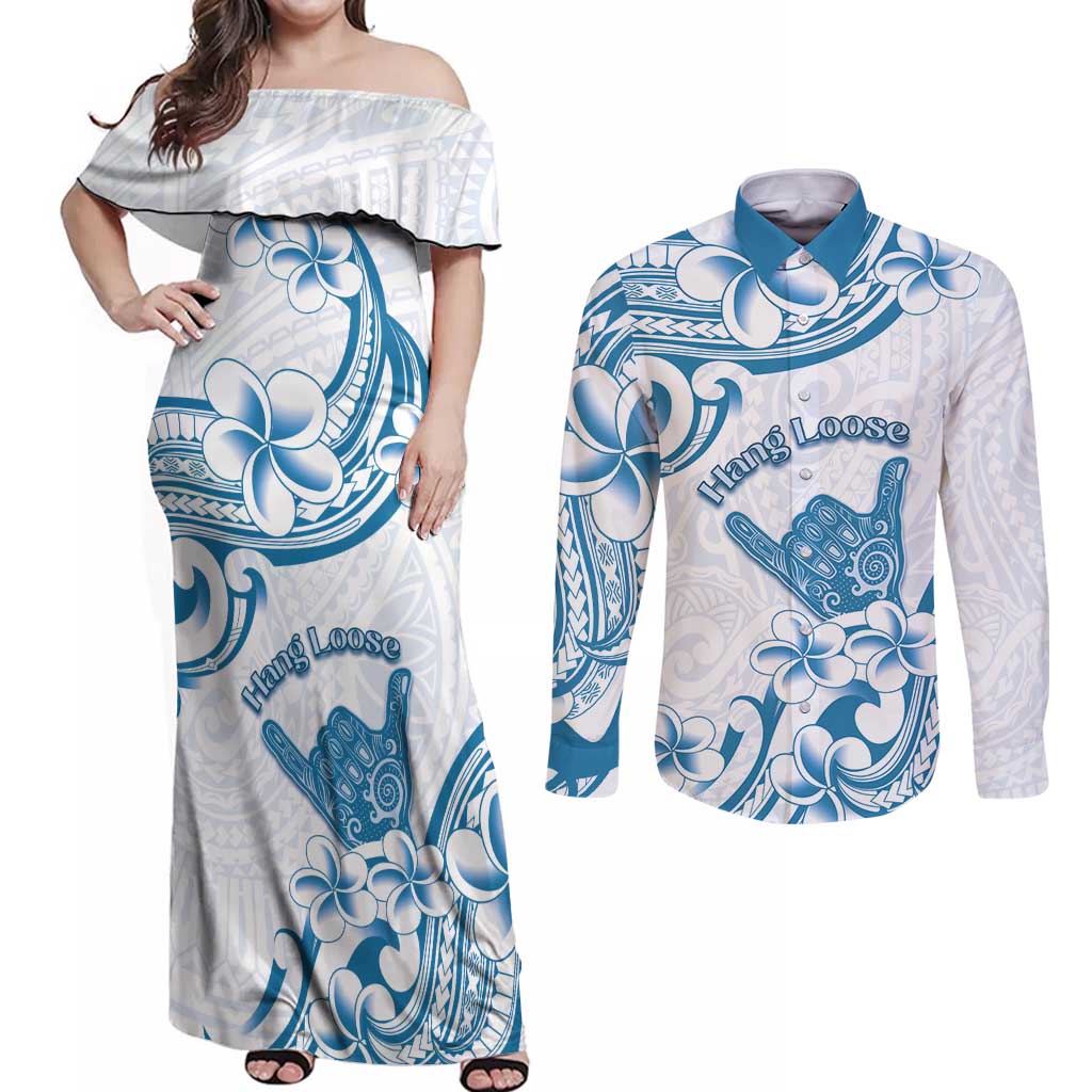 Aloha Hawaii Shaka Couples Matching Off Shoulder Maxi Dress and Long Sleeve Button Shirt Hang Loose Blue Version - Polynesian Pride