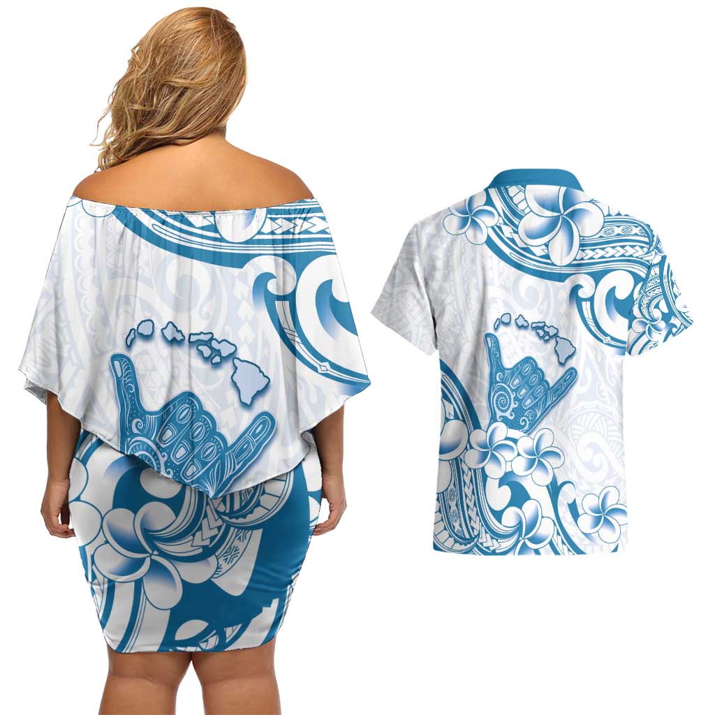 Aloha Hawaii Shaka Couples Matching Off Shoulder Short Dress and Hawaiian Shirt Hang Loose Blue Version - Polynesian Pride