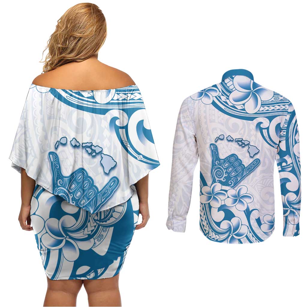 Aloha Hawaii Shaka Couples Matching Off Shoulder Short Dress and Long Sleeve Button Shirt Hang Loose Blue Version - Polynesian Pride