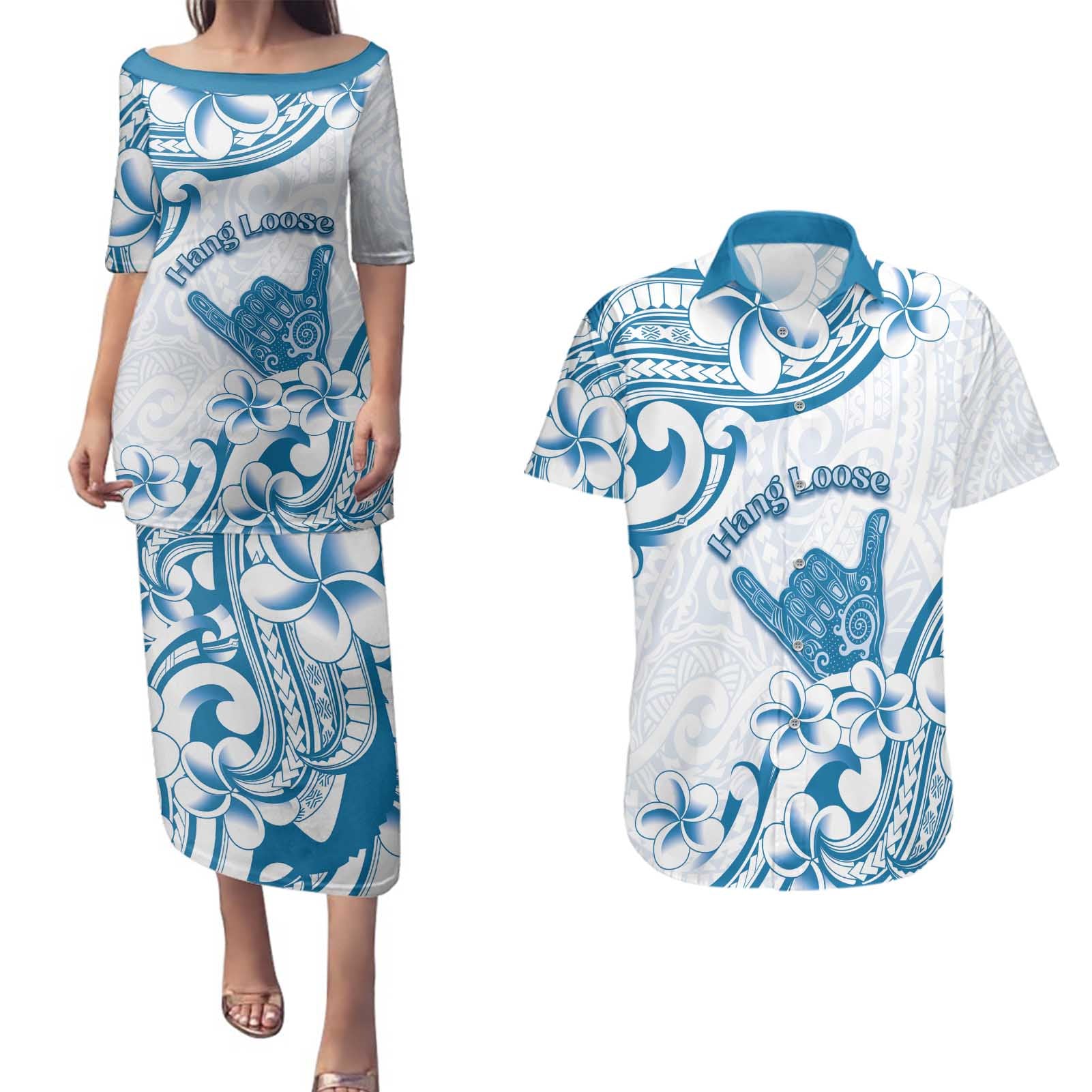 Aloha Hawaii Shaka Couples Matching Puletasi and Hawaiian Shirt Hang Loose Blue Version - Polynesian Pride