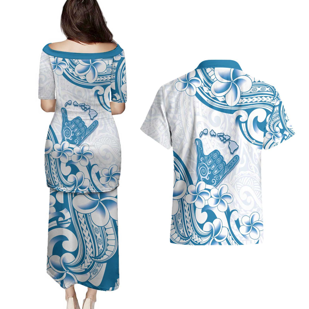 Aloha Hawaii Shaka Couples Matching Puletasi and Hawaiian Shirt Hang Loose Blue Version - Polynesian Pride