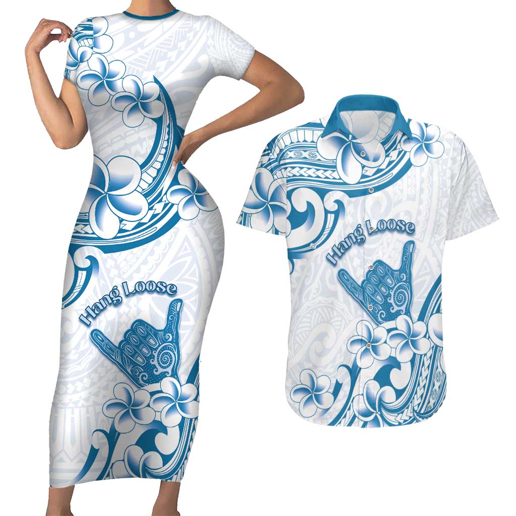 Aloha Hawaii Shaka Couples Matching Short Sleeve Bodycon Dress and Hawaiian Shirt Hang Loose Blue Version - Polynesian Pride