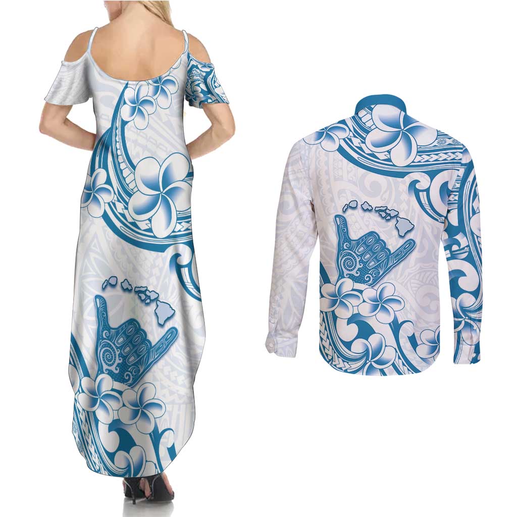 Aloha Hawaii Shaka Couples Matching Summer Maxi Dress and Long Sleeve Button Shirt Hang Loose Blue Version - Polynesian Pride