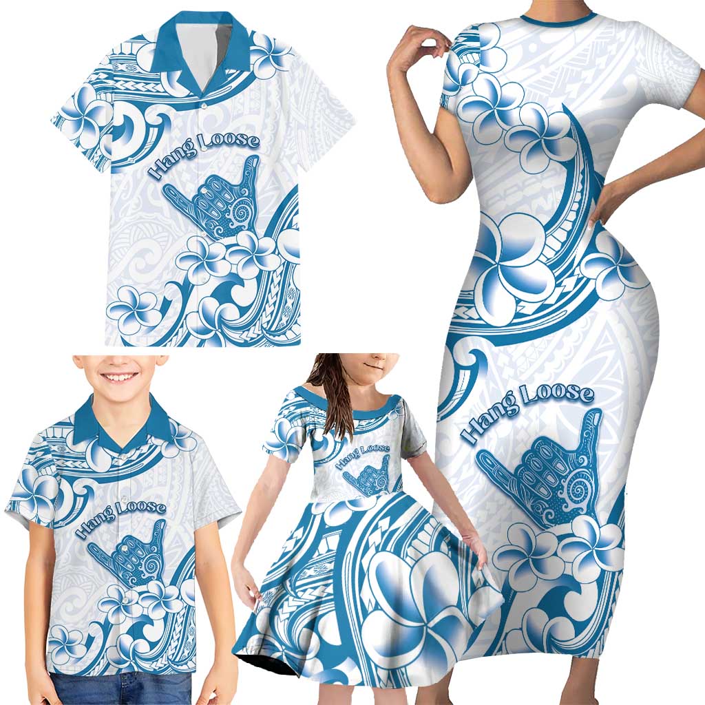 Aloha Hawaii Shaka Family Matching Short Sleeve Bodycon Dress and Hawaiian Shirt Hang Loose Blue Version - Polynesian Pride