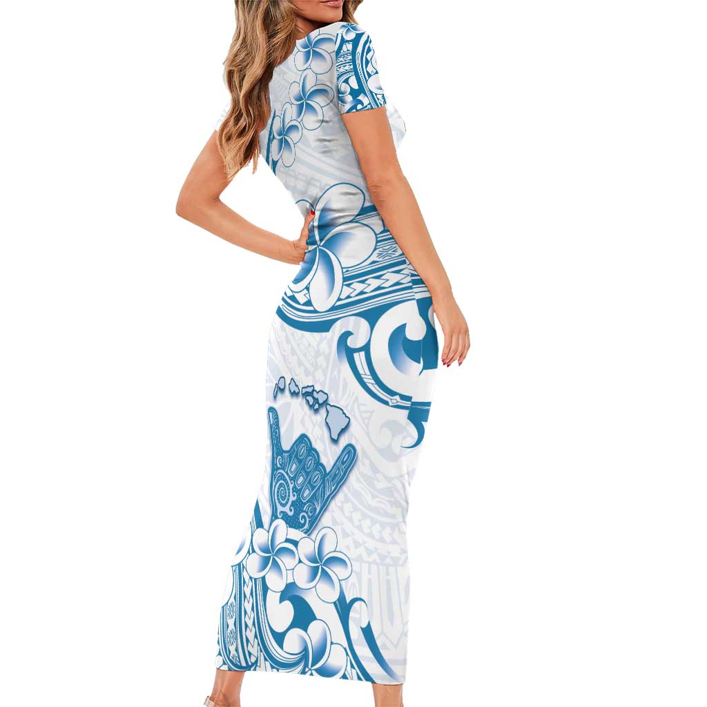 Aloha Hawaii Shaka Family Matching Short Sleeve Bodycon Dress and Hawaiian Shirt Hang Loose Blue Version - Polynesian Pride