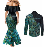 Personalised New Zealand Dart Couples Matching Mermaid Dress and Long Sleeve Button Shirt Maori Fern With Paua Shell - Polynesian Pride