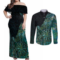 Personalised New Zealand Dart Couples Matching Off Shoulder Maxi Dress and Long Sleeve Button Shirt Maori Fern With Paua Shell - Polynesian Pride