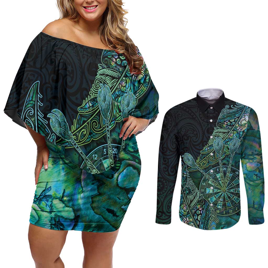 Personalised New Zealand Dart Couples Matching Off Shoulder Short Dress and Long Sleeve Button Shirt Maori Fern With Paua Shell - Polynesian Pride