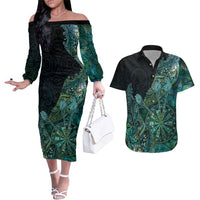 Personalised New Zealand Dart Couples Matching Off The Shoulder Long Sleeve Dress and Hawaiian Shirt Maori Fern With Paua Shell - Polynesian Pride