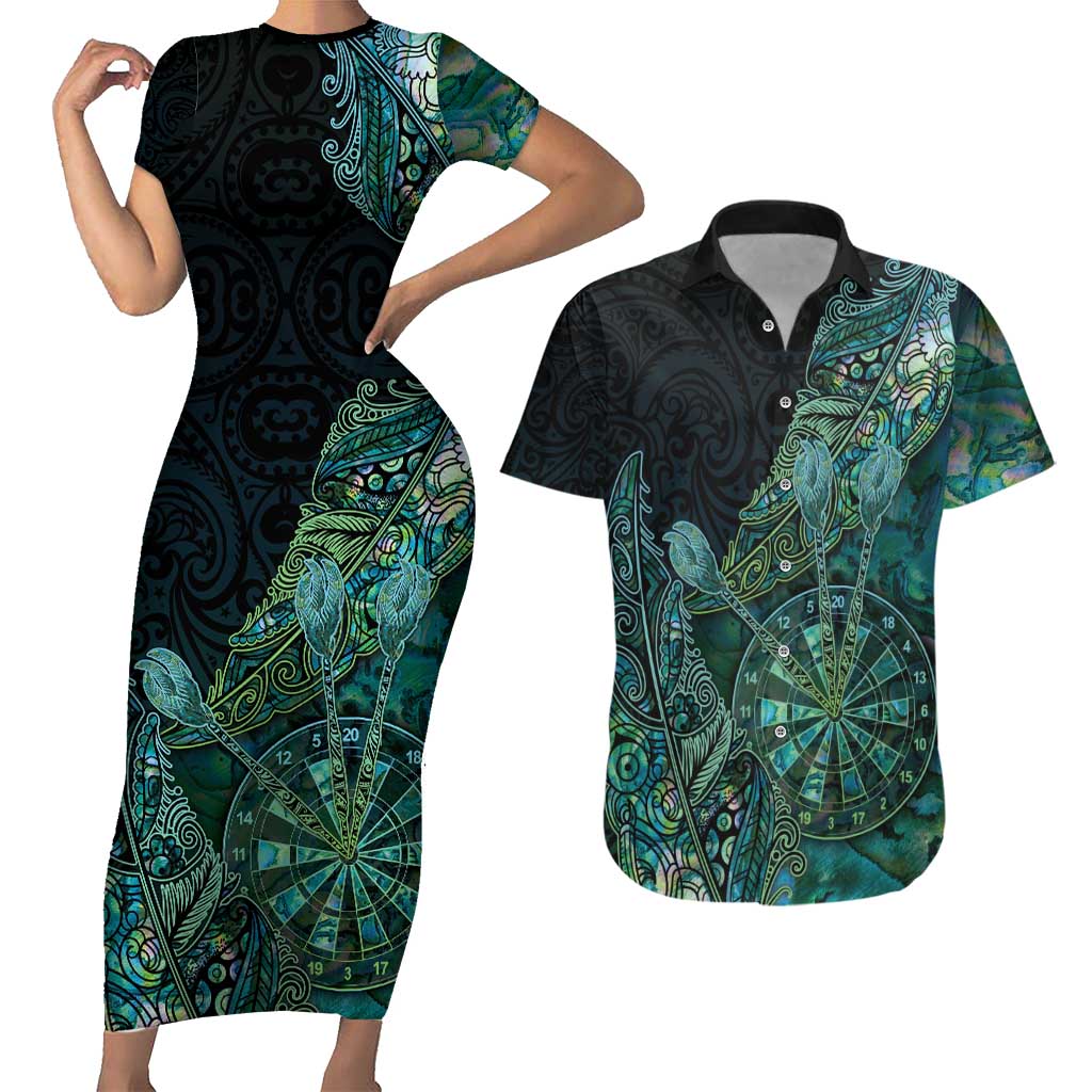 Personalised New Zealand Dart Couples Matching Short Sleeve Bodycon Dress and Hawaiian Shirt Maori Fern With Paua Shell - Polynesian Pride
