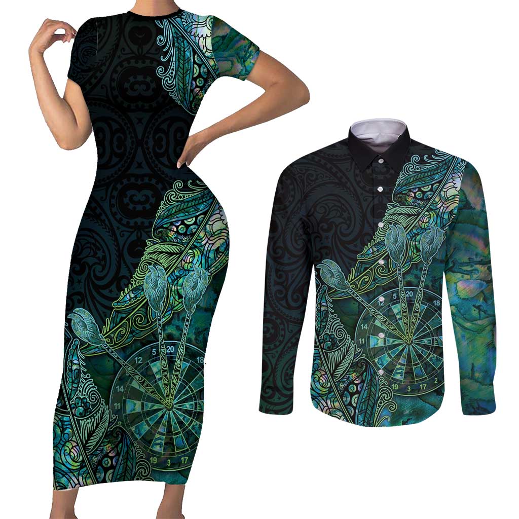 Personalised New Zealand Dart Couples Matching Short Sleeve Bodycon Dress and Long Sleeve Button Shirt Maori Fern With Paua Shell - Polynesian Pride