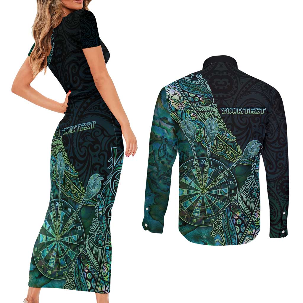 Personalised New Zealand Dart Couples Matching Short Sleeve Bodycon Dress and Long Sleeve Button Shirt Maori Fern With Paua Shell - Polynesian Pride