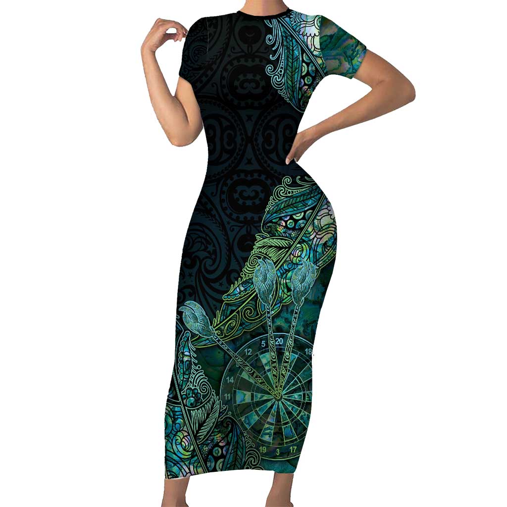 Personalised New Zealand Dart Short Sleeve Bodycon Dress Maori Fern With Paua Shell - Polynesian Pride
