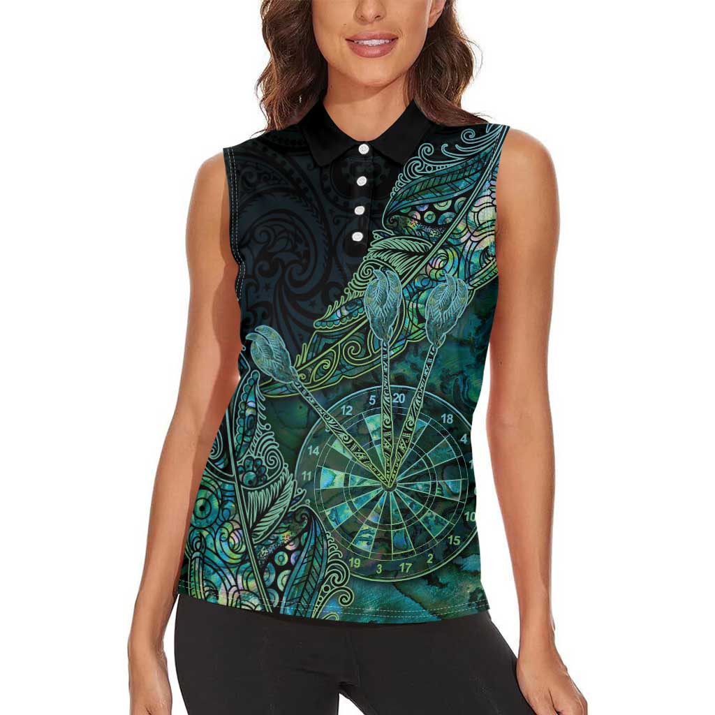 Personalised New Zealand Dart Women Sleeveless Polo Shirt Maori Fern With Paua Shell - Polynesian Pride