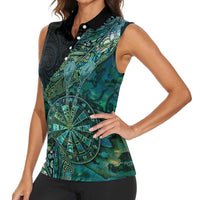 Personalised New Zealand Dart Women Sleeveless Polo Shirt Maori Fern With Paua Shell - Polynesian Pride
