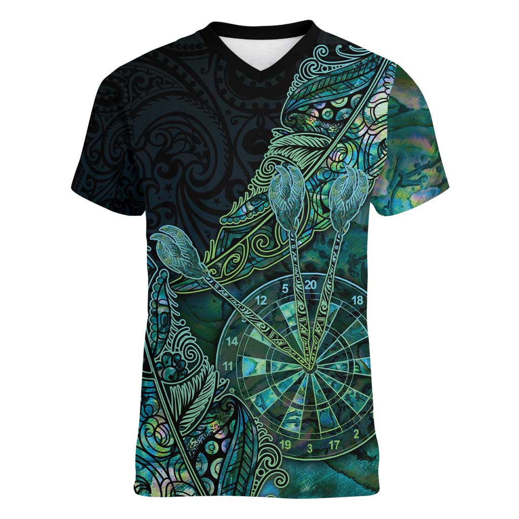 Personalised New Zealand Dart Women V-Neck T-Shirt Maori Fern With Paua Shell - Polynesian Pride