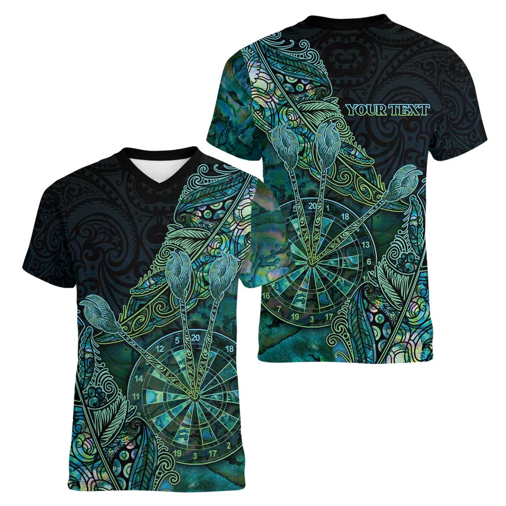 Personalised New Zealand Dart Women V-Neck T-Shirt Maori Fern With Paua Shell - Polynesian Pride