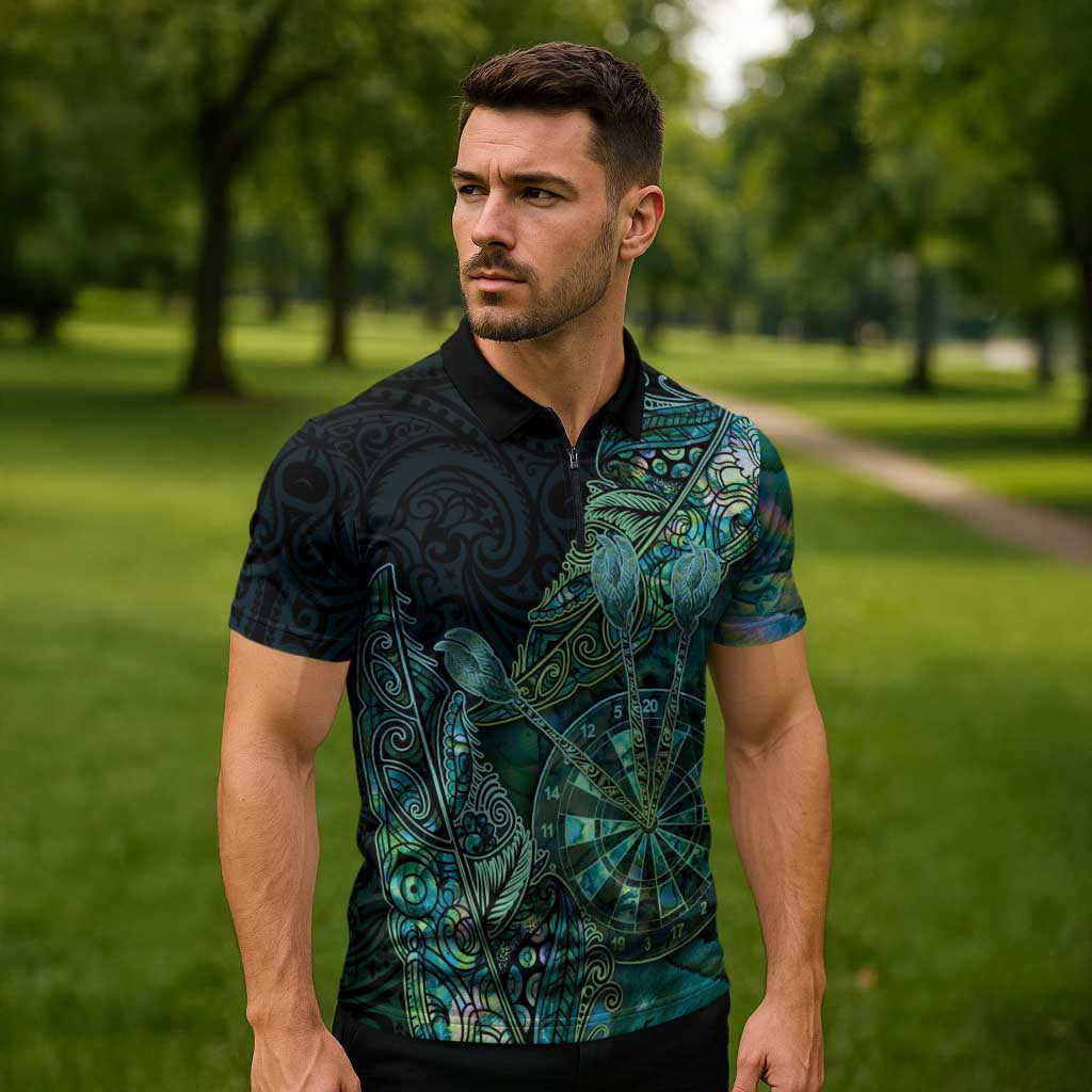 Personalised New Zealand Dart Zipper Polo Shirt Maori Fern With Paua Shell - Polynesian Pride