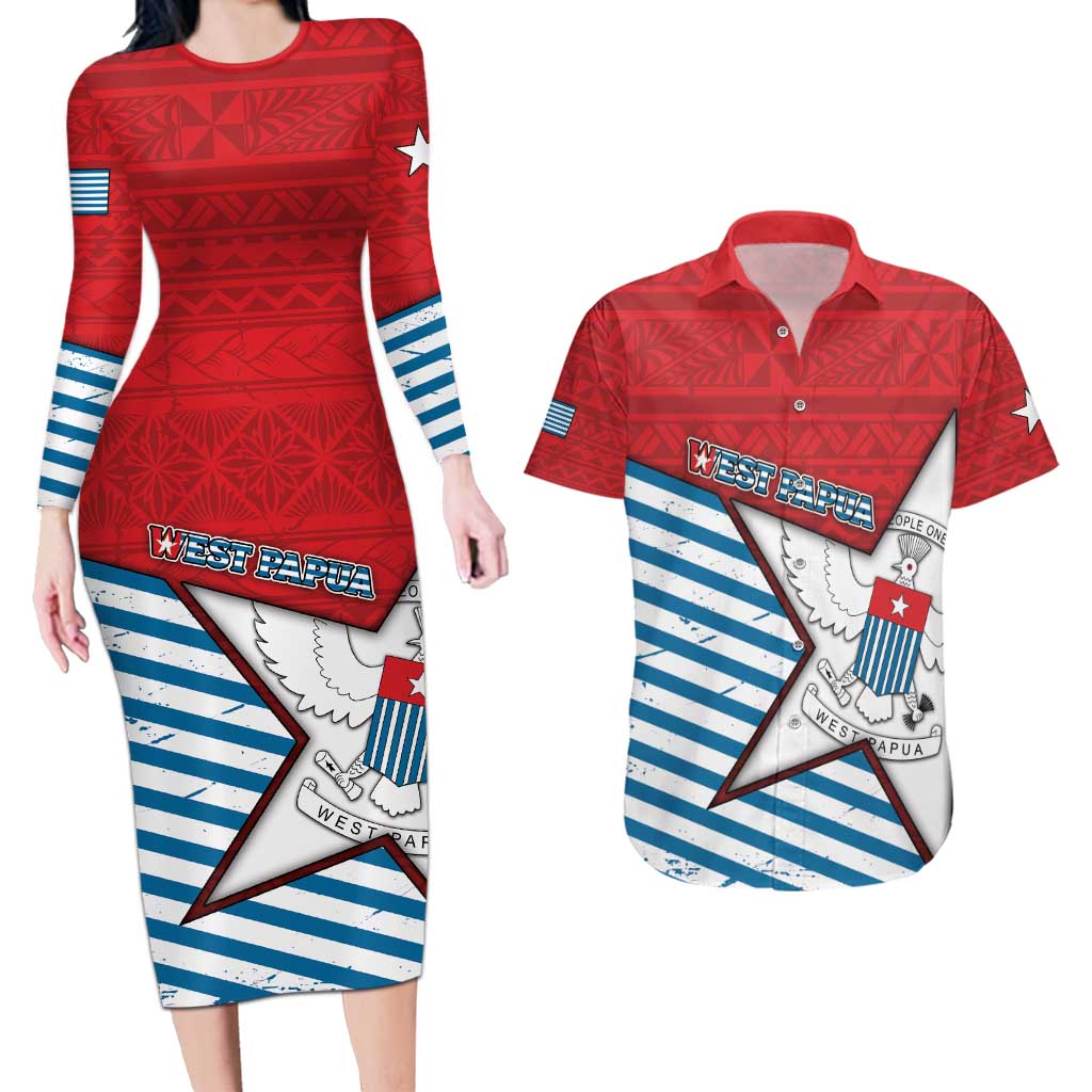 West Papua Morning Star Couples Matching Long Sleeve Bodycon Dress and Hawaiian Shirt One People One Soul - Polynesian Pride