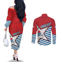 West Papua Morning Star Couples Matching Off The Shoulder Long Sleeve Dress and Long Sleeve Button Shirt One People One Soul - Polynesian Pride