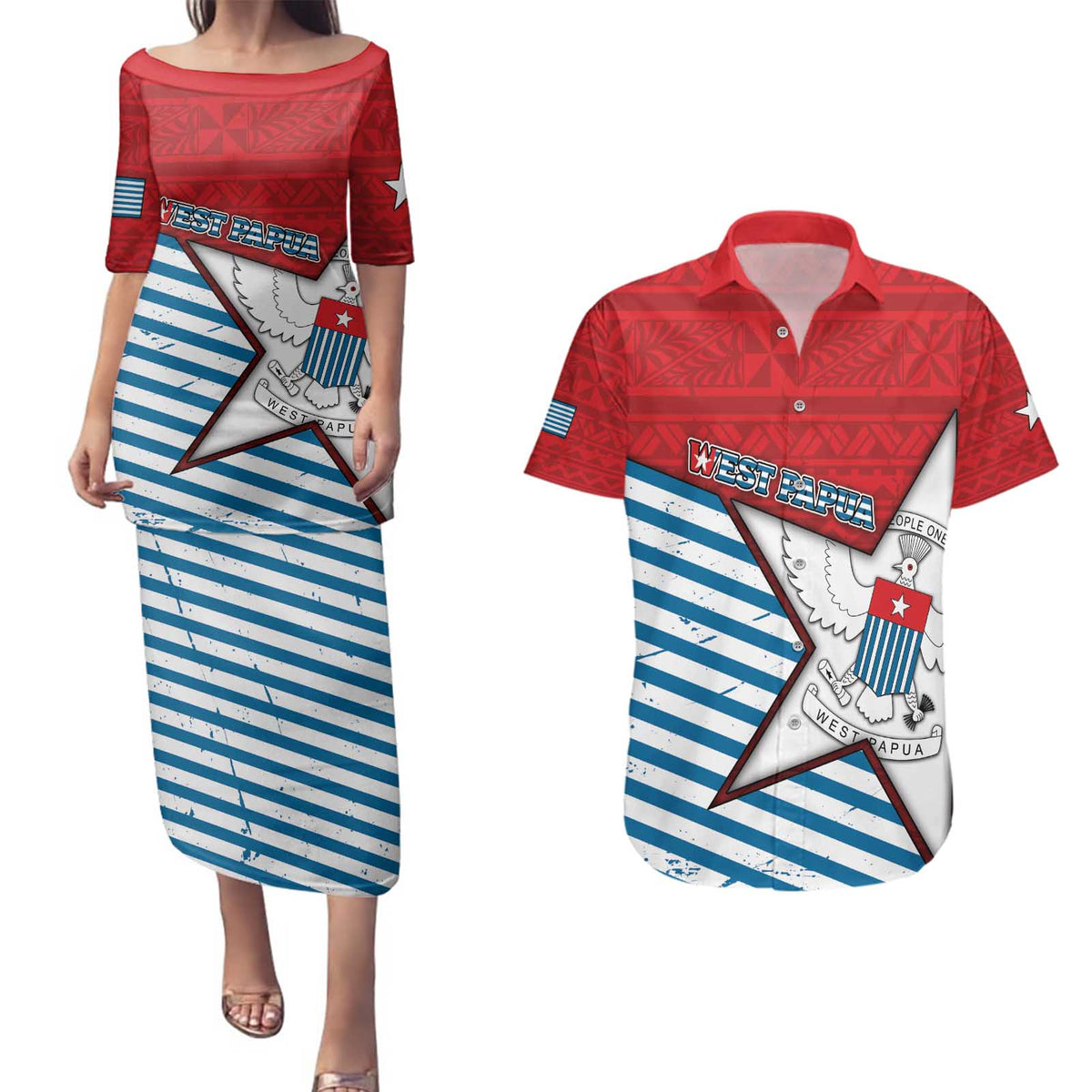West Papua Morning Star Couples Matching Puletasi and Hawaiian Shirt One People One Soul - Polynesian Pride
