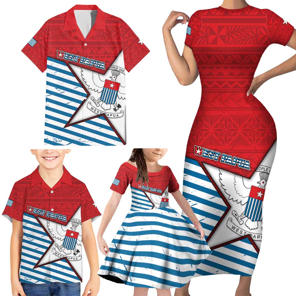 West Papua Morning Star Family Matching Short Sleeve Bodycon Dress and Hawaiian Shirt One People One Soul - Polynesian Pride