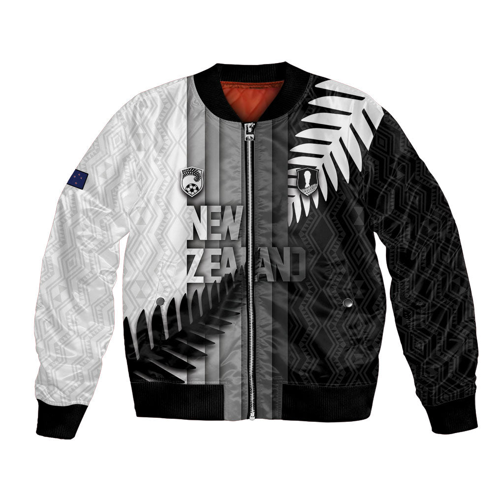 Custom New Zealand Football Bomber Jacket Silver Fern Maori Pattern Monochrome