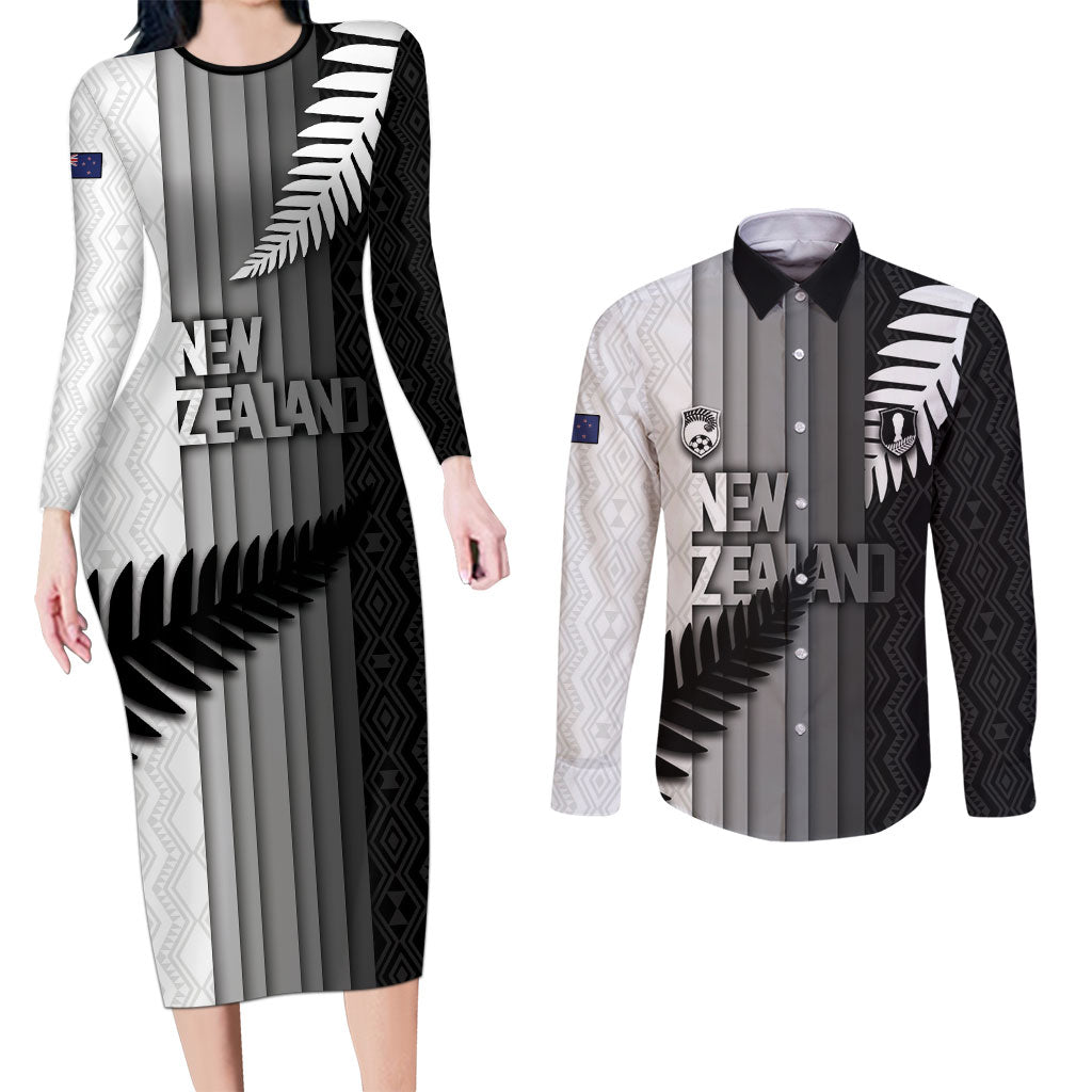 Custom New Zealand Football Couples Matching Long Sleeve Bodycon Dress and Long Sleeve Button Shirt Silver Fern Maori Pattern Monochrome