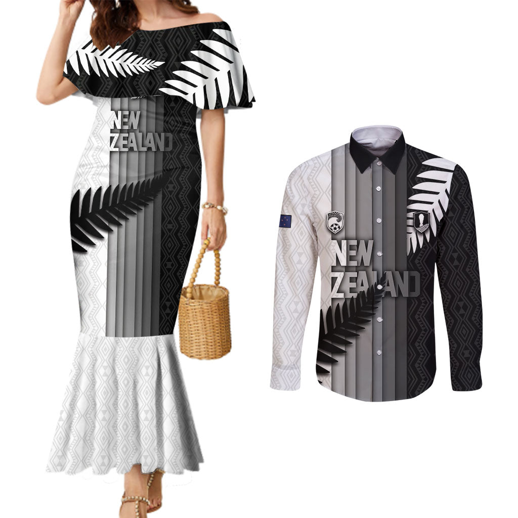 Custom New Zealand Football Couples Matching Mermaid Dress and Long Sleeve Button Shirt Silver Fern Maori Pattern Monochrome