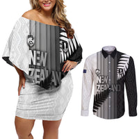 Custom New Zealand Football Couples Matching Off Shoulder Short Dress and Long Sleeve Button Shirt Silver Fern Maori Pattern Monochrome