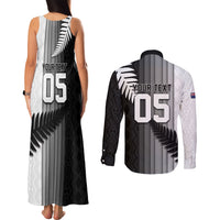 Custom New Zealand Football Couples Matching Tank Maxi Dress and Long Sleeve Button Shirt Silver Fern Maori Pattern Monochrome