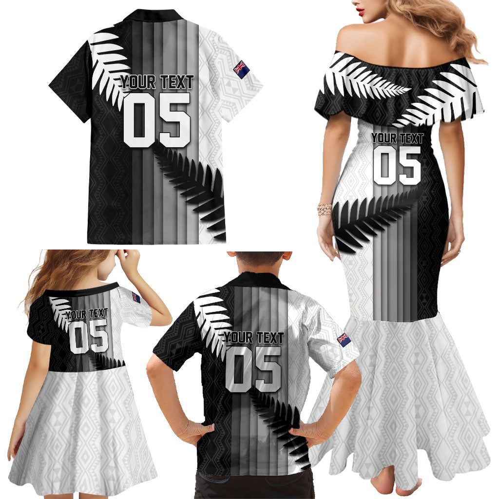 Custom New Zealand Football Family Matching Mermaid Dress and Hawaiian Shirt Silver Fern Maori Pattern Monochrome