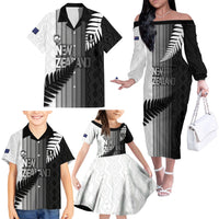 Custom New Zealand Football Family Matching Off The Shoulder Long Sleeve Dress and Hawaiian Shirt Silver Fern Maori Pattern Monochrome